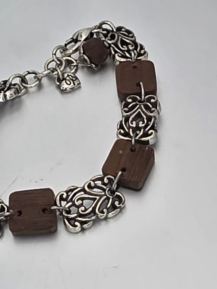 Brazalete De Colección Firmado Brighton Madera de Secuoya Plateado Panel Desplazado ¡ENVÍO GRATUITO DE $!! Foto 4 de 4