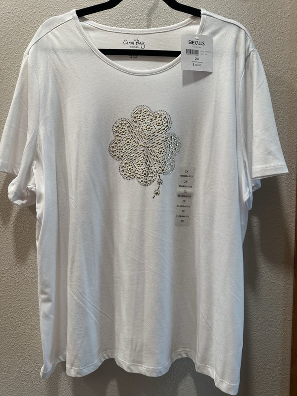 Shamrock Coral Bay White Short Sleeve Top W/With Beads & Rhinestones  2X