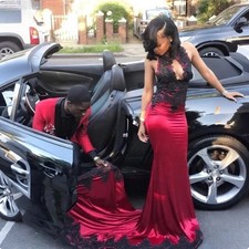 Red Mermaid Evening Dresses With Black Lace Appliques Sexy Party Prom Gowns