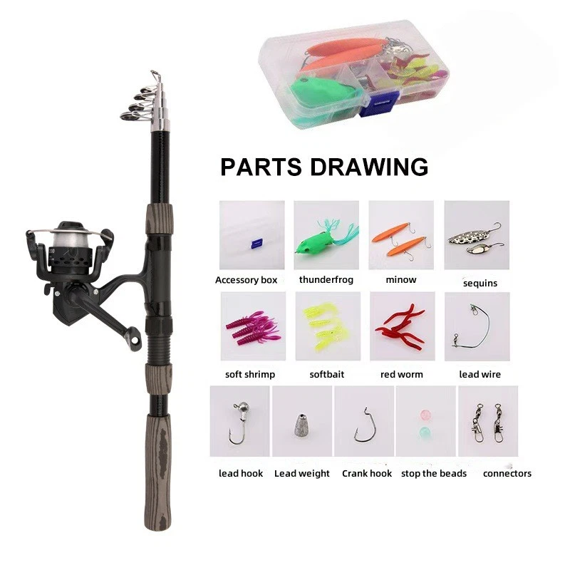 Fishing Pole Set Full Kits Telescopic Fishing Rod and Spinning Reel Baits Hooks