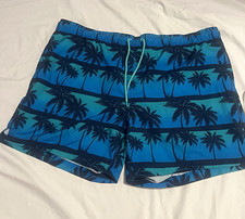 George Boys 2XL 44-46 Palm Tree Swim Trunks Blue/Black Drawstring Pockets