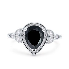 Pear Teardrop Natural Black Onyx Leaf Halo Floral Ring 925 Sterling Silver