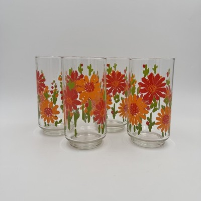 Vtg LIBBEY Ice Tea Glasses FLOWER POWER  Tumblers MCM 16 oz SET of 4