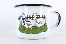 Vintage Münder Email Emaille Henkelbecher Gänse Motiv weiß blau guter Zustand