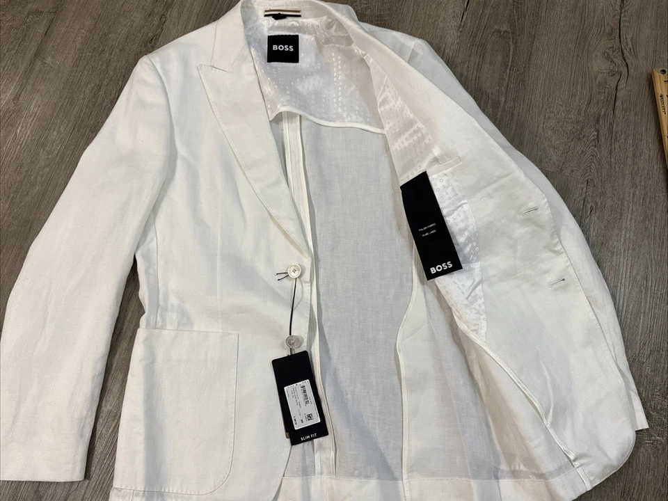HUGO BOSS Slim Fit Pure Linen Blazer-Italian Fabric-White-NWT-38R   Sport Coat - Image 2 of 4
