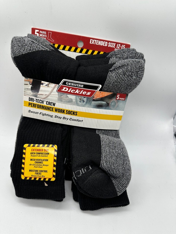 NEW 5 PAIRS GENUINE DICKIES MENS DRI TECH PERFORMANCE WORK CREW SOCKS ...