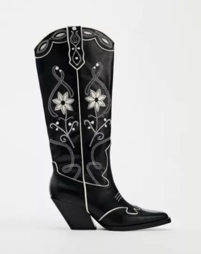 ZARA WOMAN NWT SS24 FLORAL COWBOY-HEEL BOOTS BLACK 3094/310 SIZE 5 - Picture 2 of 5