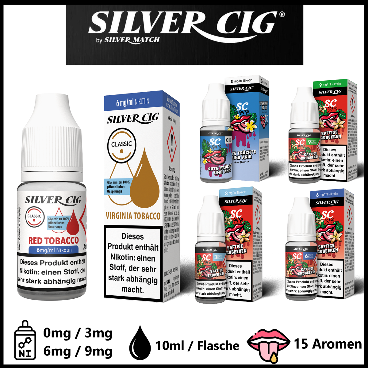Silver Cig Premium E-Liquid 10ml E-Zigarette 3mg 6mg 9mg Nikotin 15 Aromen  | eBay.de