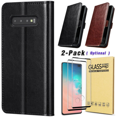 For Samsung Galaxy S10/S10e/S10+ Case Flip Leather Wallet Cover Tempered  Glass
