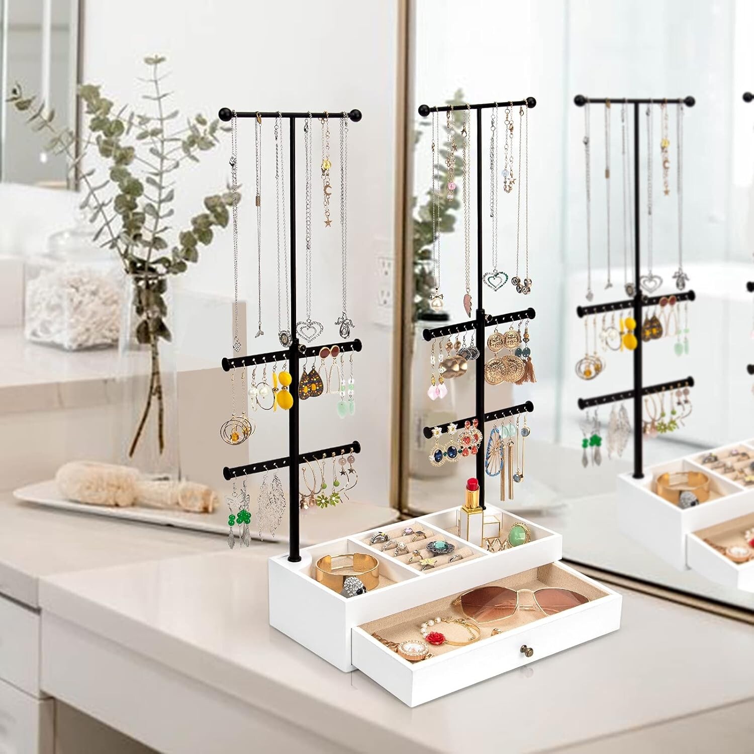 Jewelry Organizer Stand Wood Basic Jewelry Drawer Storage Box with Double Rods-image