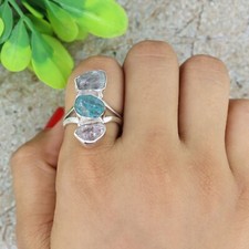 Raw Aquamarine Sterling Silver Three Stone Healing Crystal Cocktail Ring Jewelry