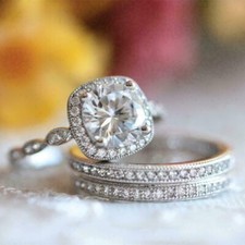 Halo Bridal Ring Trio Set 3.15Ct Round Cut Moissanite 14k White Gold in Size 8