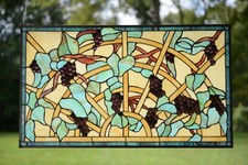 34" x 20" Jeweled Handcrafted Tiffany Style stained glass window panel Grape