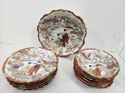 Japanese Geisha Imari? 13 Pc Serving Set One 7.5'' Bowl 6x5'' Bowls & 6x6'' Plates 