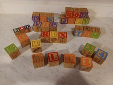 Lot of 28 Vintage Wooden Blocks - Alphabet, Numbers, Pictures - 1.75"