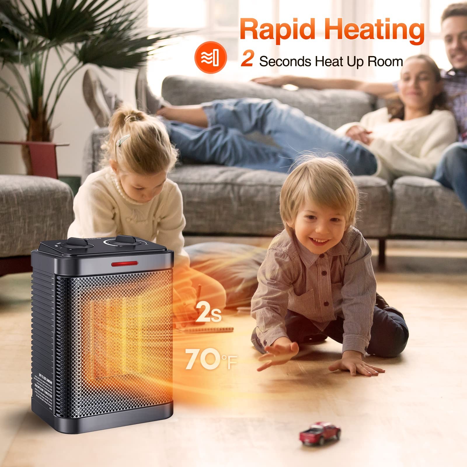 Space Heater for Indoor Use, 1500W PTC Ceramic Heater with Thermostat, Small
