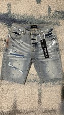 PURPLE Brand Distressed Paint Splatter Denim Shorts Size 32 Slim Fit Light Wash