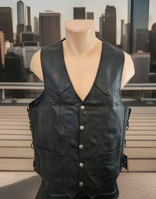 NWT! Zeebro Classic Biker Black Leather Vest with Adjustable Lacing Sz 46 $125