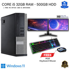Windows 11 - DELL PC - CORE i5 500GB HDD  32GB Desktop - 24" Dual Monitor Bundle