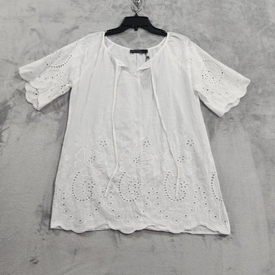 Zanzea Top Womens M White Embroidered Eyelet V-Neck Flutter Sleeve Tunic Boho