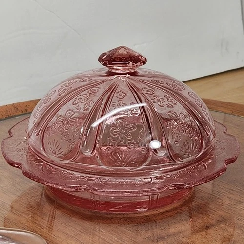 Vintage Jeannette Cherry Blossom Pink Depression Glass Butter Dish & Dome Lid 6"