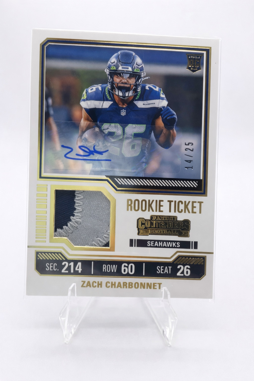 Zach Charbonnet Rookie Ticket Auto Patch /25 – #TS38V - 2023 Panini Contenders