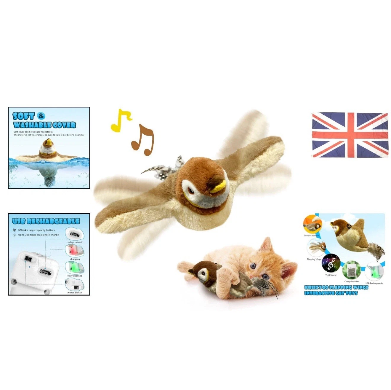 Interactive Rechargeable Cat Toy: Flapping Wings Sparrow with Catnip Delight