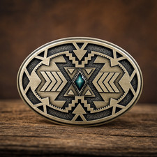 Geometric Pattern Western Belt Buckle Bronze Tone Oval Teal Accent Style