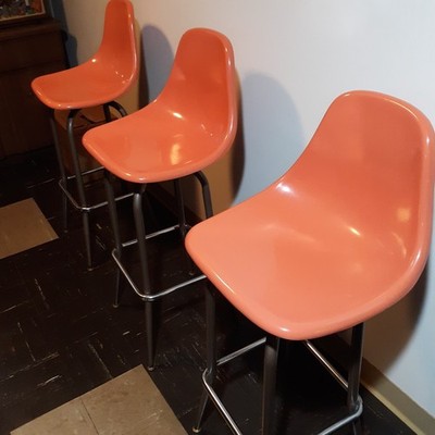 3 VINTAGE MID CENTURY MODERN EAMES ORANGE SWIVEL STOOL CHAIRS CHICAGO