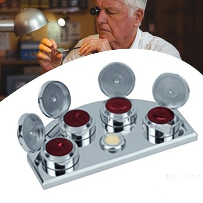 Metal Oil Cup Stand with 4 Containers Premium Polished Watchmaker Repair Tool