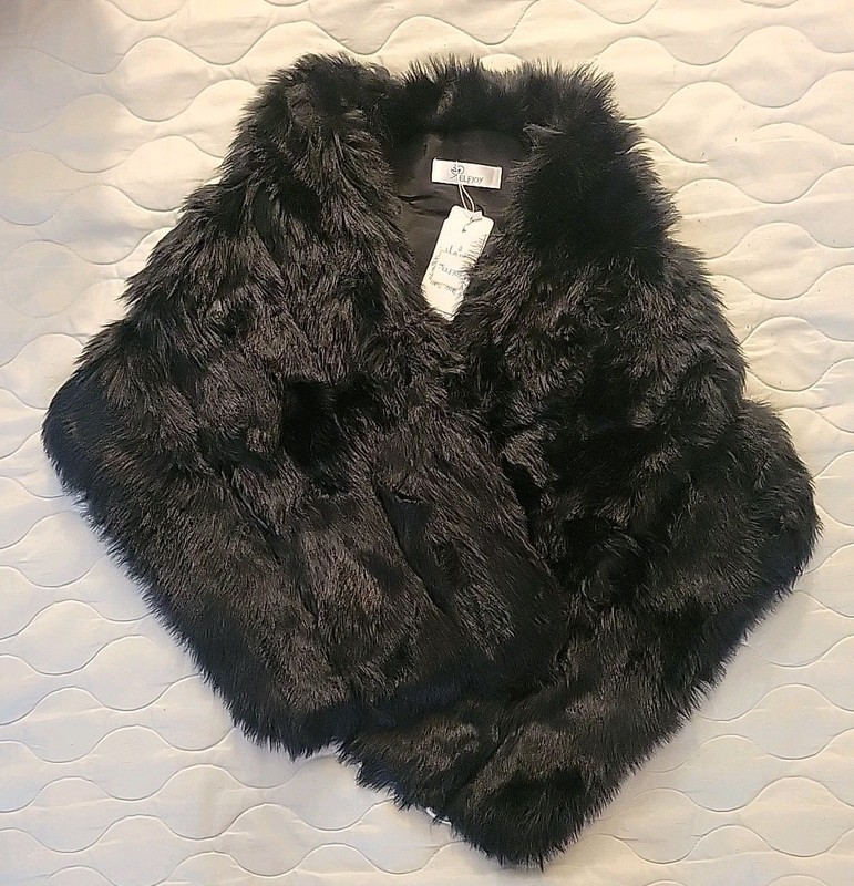 ELFJOY Women's Black Luxury Faux Fox Fur Shawl, winter Wrap Wddings One Size NWT