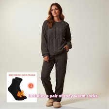 Ladies Fleece Pyjama Set Warm Crew Neck Top Pants Winter Nightwear + Socks