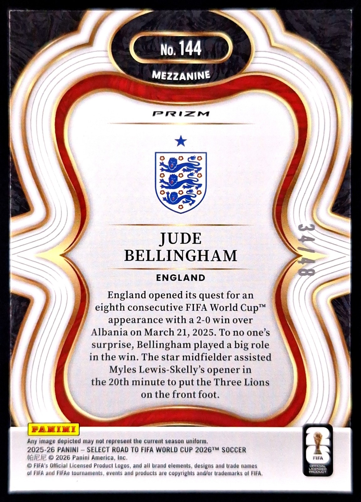 2025-26 Panini Select FIFA JUDE BELLINGHAM 34/48 Purple Dragon Scale Prizm #144 view 2