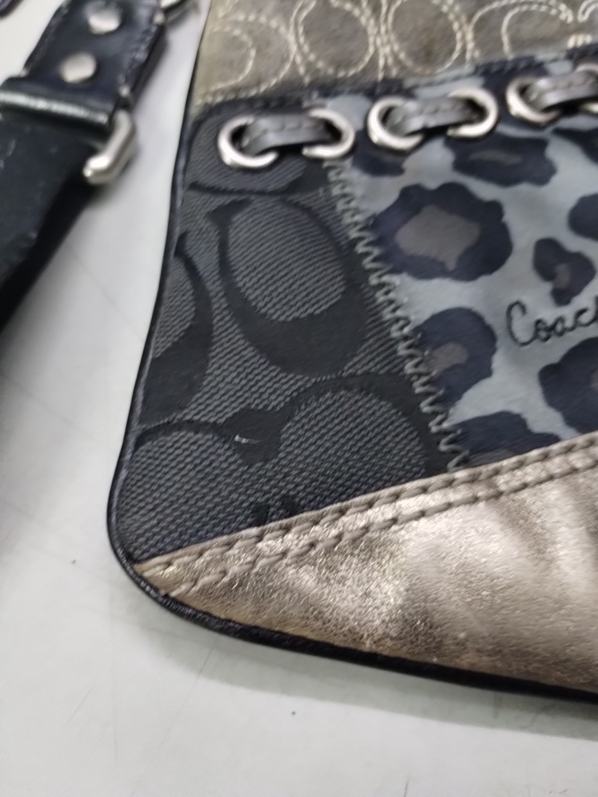 Coach Patchwork Signature Black Gray Leather Canv… - image 4