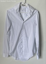Calvin Klein Mens Steel White Herringbone Cotton Slim Fit Dress Shirt Size S