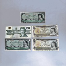 Canadian Currency Lot $24 FV Vintage Banknotes $1+$20 QEII