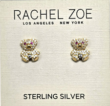 RACHEL ZOE GOLD PLATED STERLING SILVER 925 CZ CRYSTALS TEDDY BEAR STUD SEARRINGS