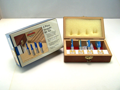 Rockler 4-Piece Straight Bit Set in display case. 1/4', 1/2'', 3/8'', & 3/4'' X 1''