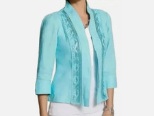 Chico's size 0 small chicos 100 Linen Beaded Jacket Aqua Breeze cardigan open