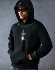 New Luxury Men Diamond Cross Rhinestones Fashion Black Hoodie High Quality