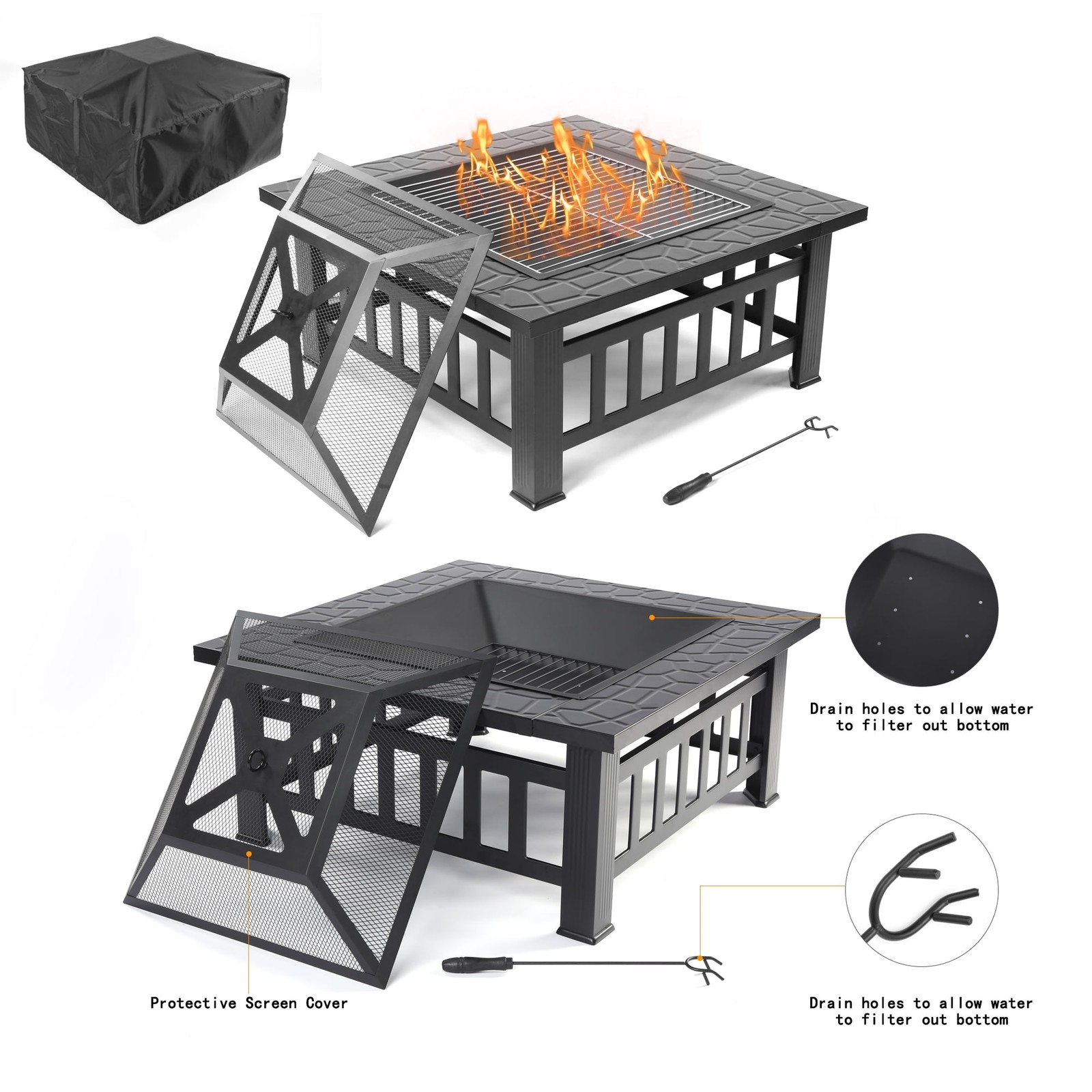 32" Outdoor Fire Pit Table Wood Burning w/ Lid, Poker, BBQ Net, Ice Tray, Black