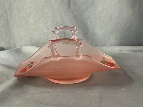 Pink Satin Depression Glass Painted Flower Lancaster Octagon Nappy Dish Handles