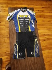 EUC Pearl Izumi Burry Stander Race Suit Short Sleeve Large Blue Black Padded