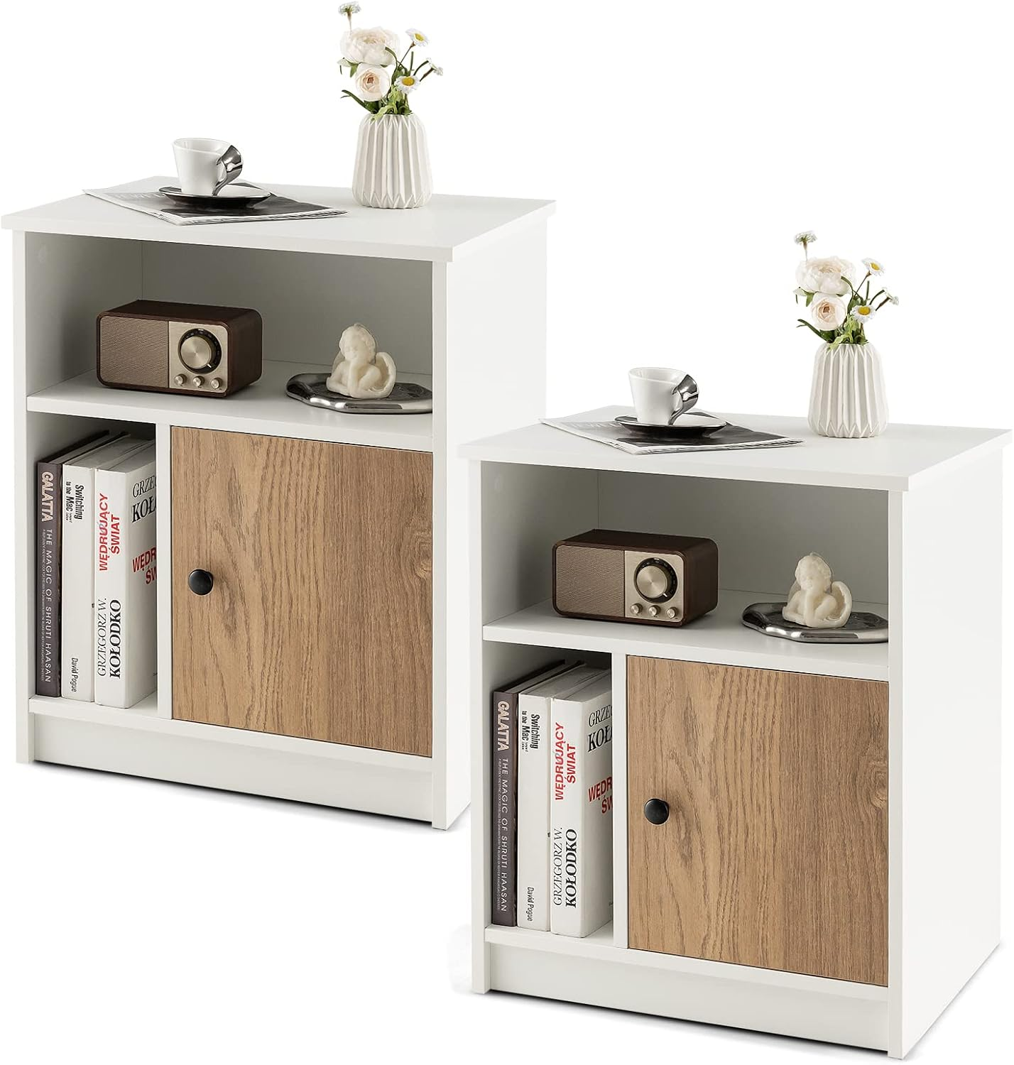 Modern Nightstand Set of 2 with Open & Enclosed Storage and Cable Management-image
