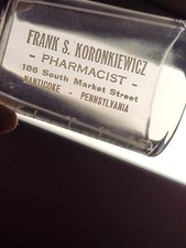 Antique Frank Koronkiewicz Drug Store Manicoke PA advertisement Dose shot glass