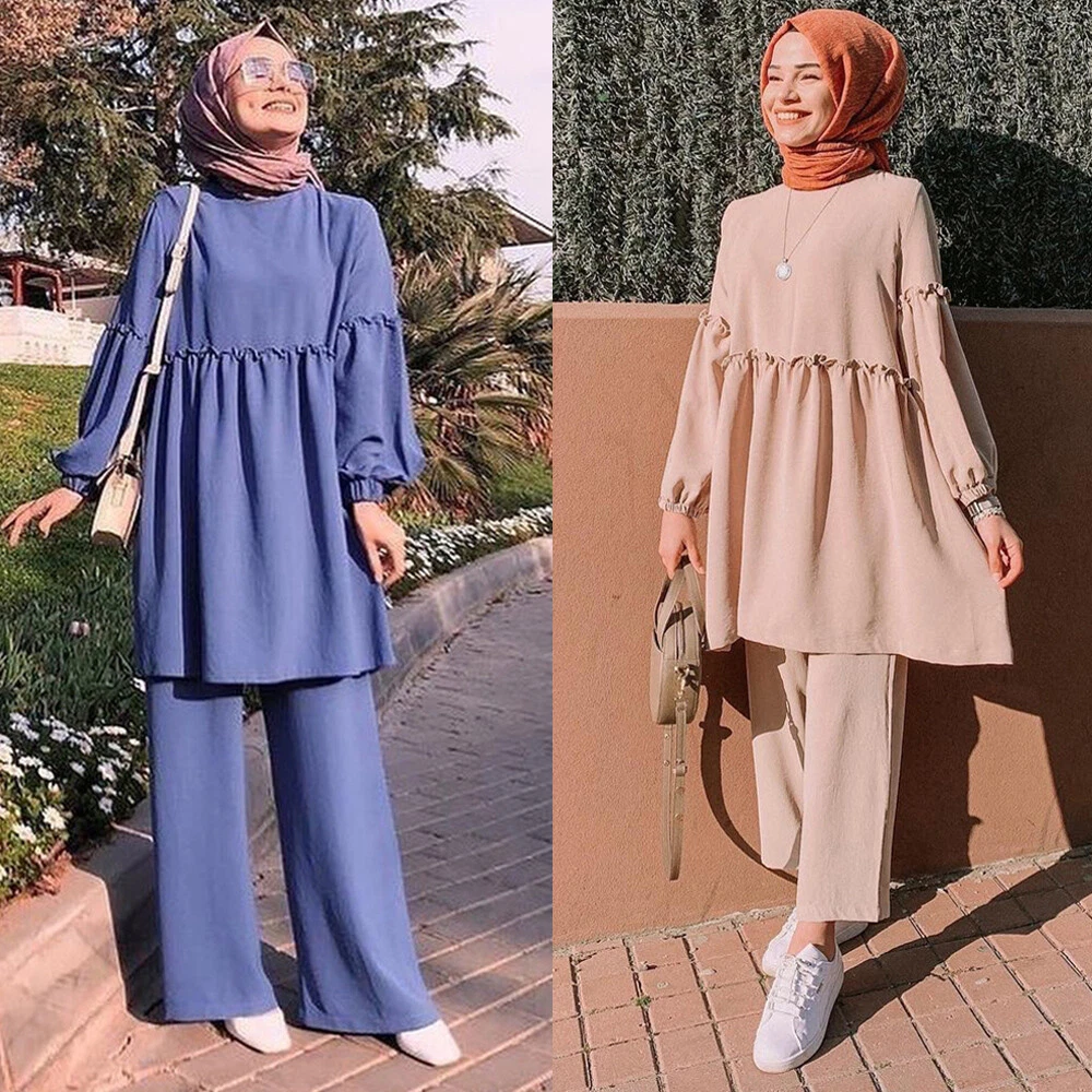 Islamic Women Casual Long Sleeve Blouse Tops Pants Two Piece Set Muslim  Outfits