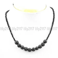 Natural Faceted 3mm Black Spinel & Round Lava Stone Gemstone Beads Necklace 18''