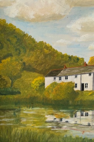 VINTAGE LANDSCAPE OIL PAINTING HOUSE BY RIVER FIELDS CORNWALL SIGNED R CHARLES - Picture 10 of 24