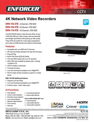 Seco-Larm DRN-108-2TB Enforcer 8-Channel 4K Network Video Recorder