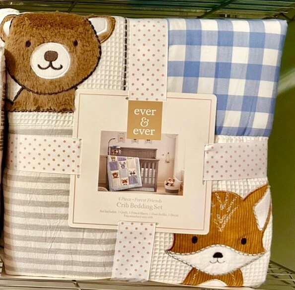 Ever & Ever Forest Friends 4pc Crib Bedding Set (Fox, Bear, Rabbit, Raccoon)